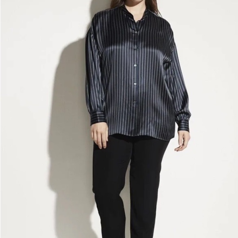 Vince Navy and White Striped 100% Silk Button-Up Shirt
